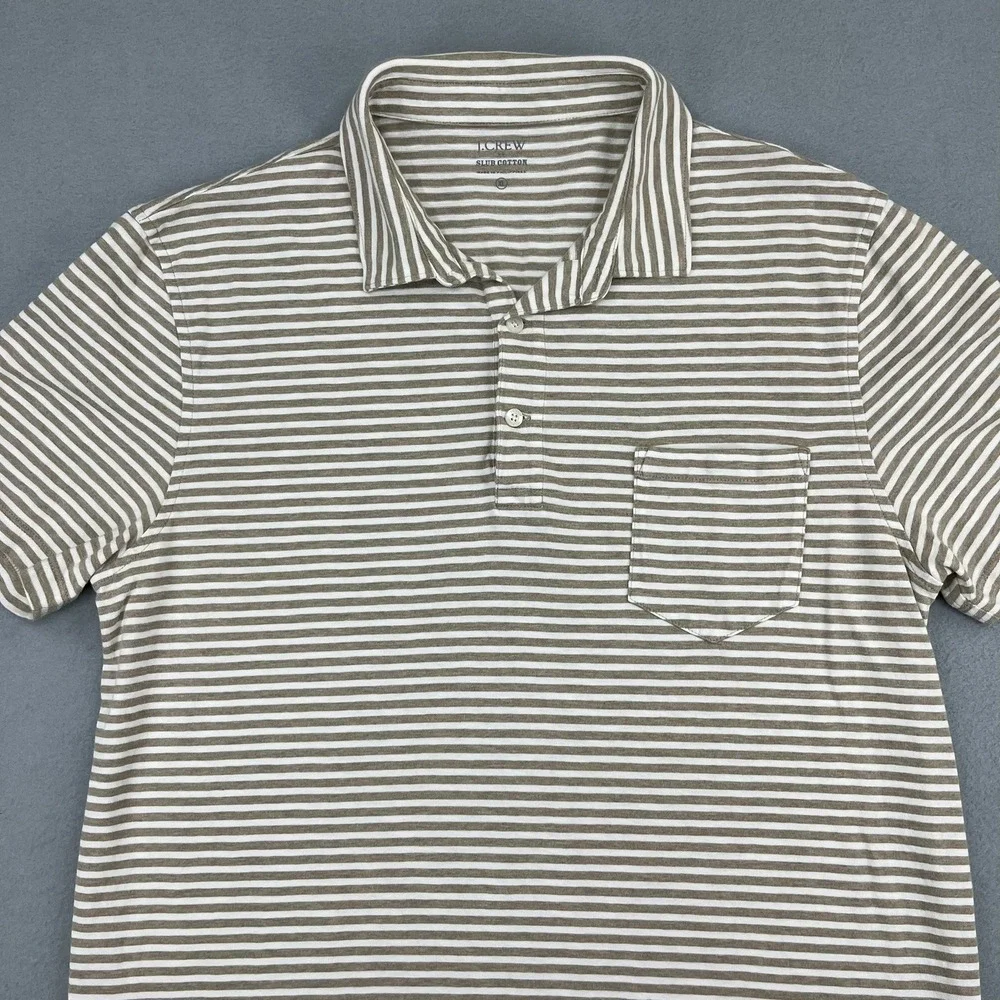 J.Crew Mens XL Slub Cotton Striped Polo Shirt Tan White‎ Short Sleeve Pocket